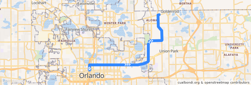 Mapa del recorrido 29 East Colonial Drive/Goldenrod Road (outbound) de la línea  en Orange County.