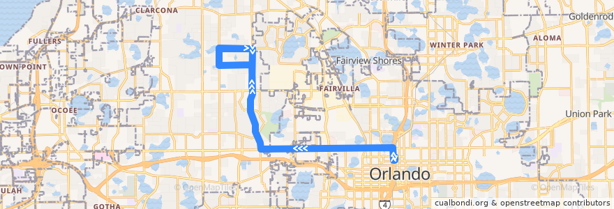 Mapa del recorrido 49 West Colonial Drive/Pine Hills Road (outbound) de la línea  en Comté d'Orange.