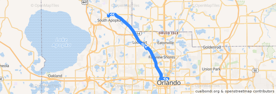 Mapa del recorrido 106 North US 441/Apopka (outbound) de la línea  en Orange County.