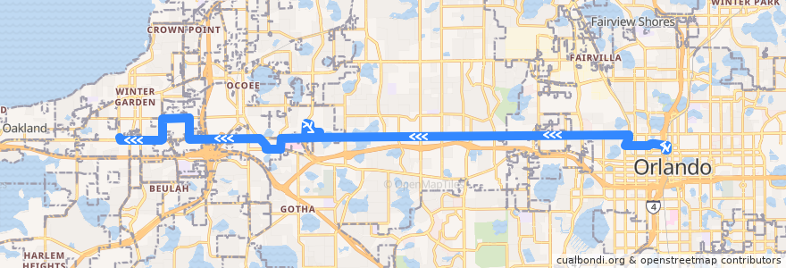 Mapa del recorrido 105 West Colonial (outbound) de la línea  en Orange County.