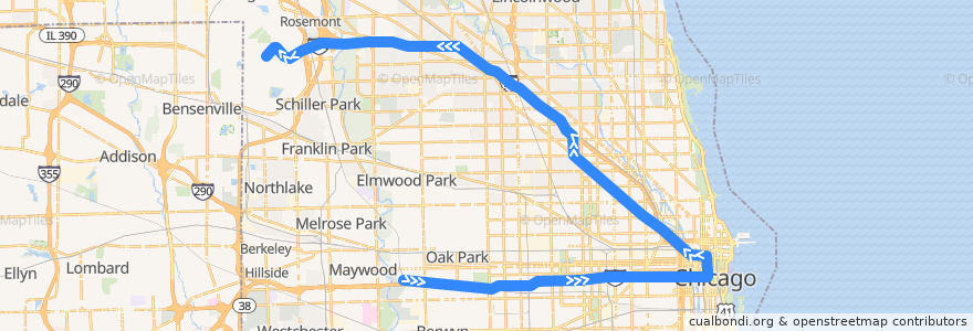 Mapa del recorrido Blue Line to O'Hare de la línea  en شيكاغو.