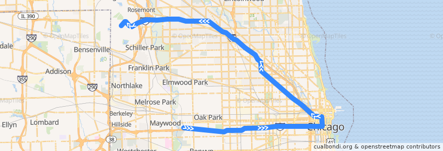 Mapa del recorrido Blue Line to O'Hare de la línea  en Chicago.