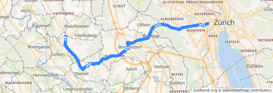 Mapa del recorrido Bus 350: Berikon-Widen, Bahnhof => Zürich, Bahnhof Wiedikon de la línea  en سويسرا.