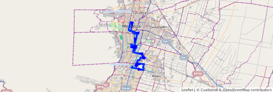 Mapa del recorrido 123 - Bº Antártida Argentina II - Bº El Mirador - Plaza Godoy Cruz de la línea G07 en Mendoza.