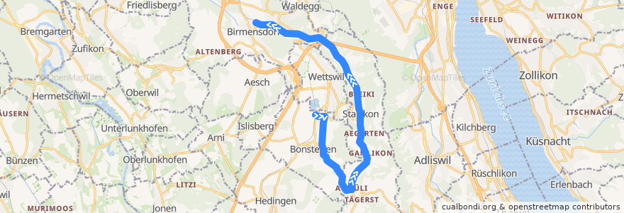 Mapa del recorrido Bus 227: Bonstetten-Wettswil, Bahnhof => Birmensdorf, Bahnhof (HVZ, Sa) de la línea  en Zürich.