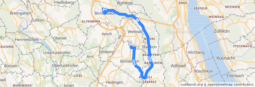 Mapa del recorrido Bus 227: Birmensdorf, Bahnhof => Bonstetten-Wettswil, Bahnhof (HVZ, Sa) de la línea  en Zürich.