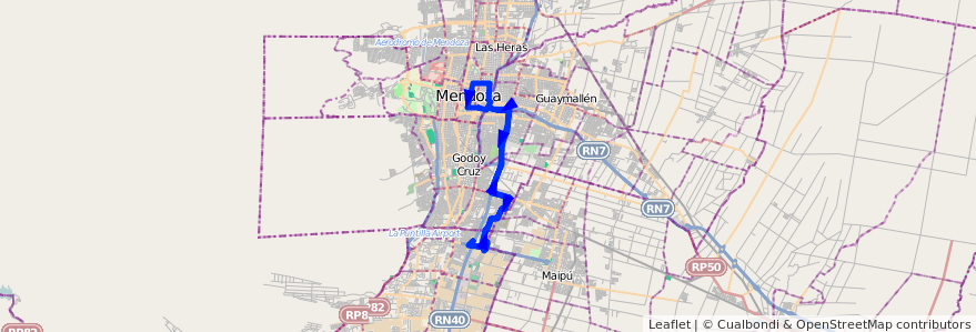 Mapa del recorrido 124 - Bº La Gloria - Directo por Acceso Sur de la línea G07 en Mendoza.