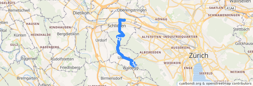 Mapa del recorrido Bus 201: Uitikon Waldegg, Bahnhof => Schlieren, Rütistrasse de la línea  en Bezirk Dietikon.