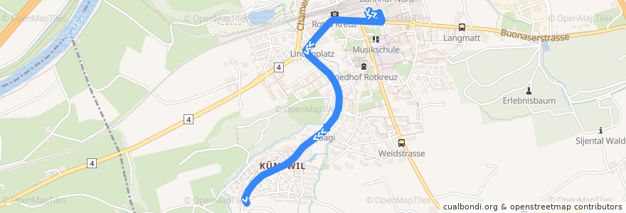 Mapa del recorrido Bus 51: Rotkreuz, Bahnhof Süd => Rotkreuz, Küntwil de la línea  en Risch-Rotkreuz.