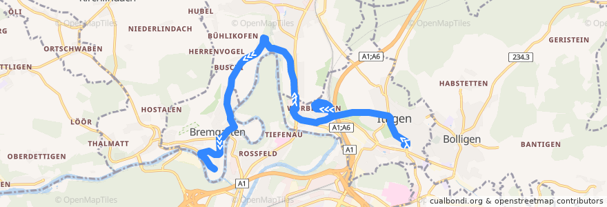 Mapa del recorrido Bus 33: Ittigen, Talgut-Zentrum => Bremgarten, Seftau de la línea  en Verwaltungskreis Bern-Mittelland.