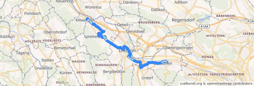 Mapa del recorrido Bus 303: Schlieren, Zentrum/Bahnhof → Killwangen, Bahnhof de la línea  en Schweiz/Suisse/Svizzera/Svizra.