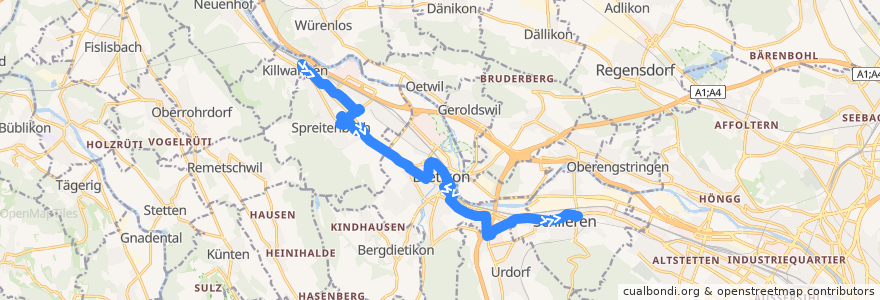 Mapa del recorrido Bus 303: Killwangen, Bahnhof → Schlieren, Zentrum/Bahnhof de la línea  en Svizzera.