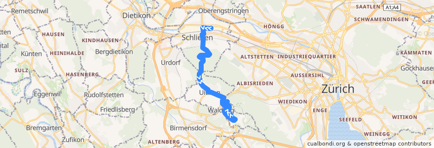 Mapa del recorrido Bus 201: Schlieren, Rütistrasse => Ringlikon => Uitikon Waldegg, Bahnhof de la línea  en Bezirk Dietikon.