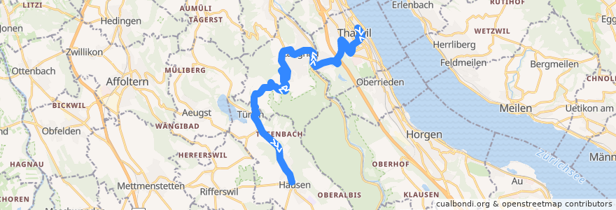 Mapa del recorrido Bus 240: Thalwil, Bahnhof => Hausen am Albis, Post de la línea  en Bezirk Horgen.