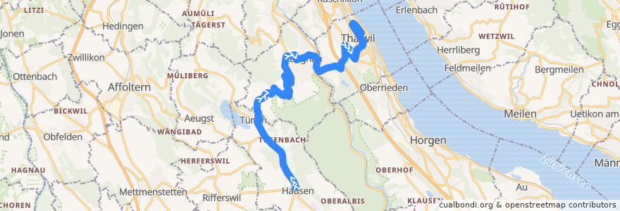 Mapa del recorrido Bus 240: Hausen am Albis, Post => Thalwil, Bahnhof de la línea  en Bezirk Horgen.