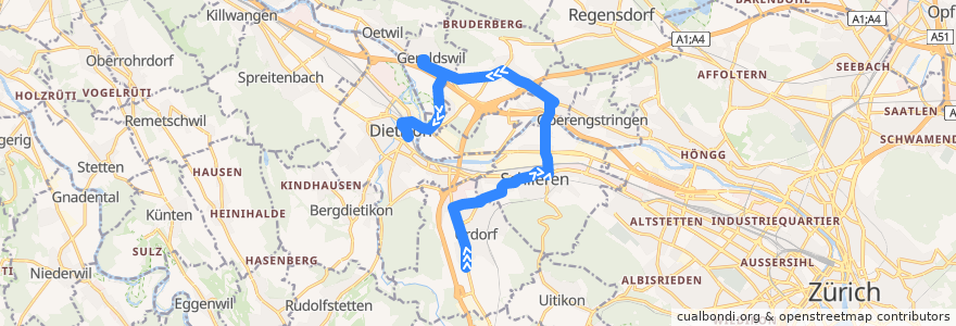 Mapa del recorrido Bus 302: Urdorf, Oberurdorf → Dietikon, Bahnhof de la línea  en Bezirk Dietikon.