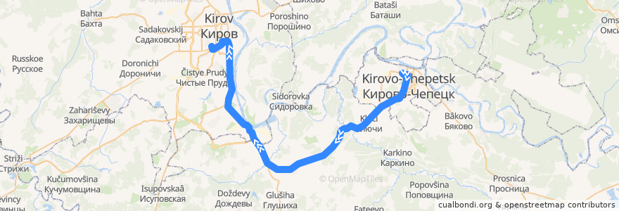 Mapa del recorrido Кирово-Чепецк - Киров (экспресс) de la línea  en Kirov Oblast.