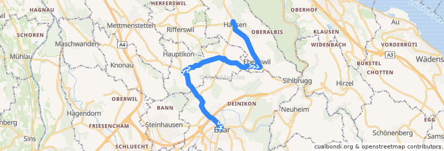 Mapa del recorrido Bus 280: Baar, Bahnhof => Hausen am Albis, Post de la línea  en Schweiz/Suisse/Svizzera/Svizra.