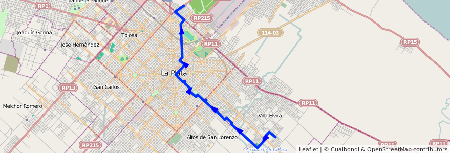 Mapa del recorrido 13 de la línea Este en Partido de La Plata.