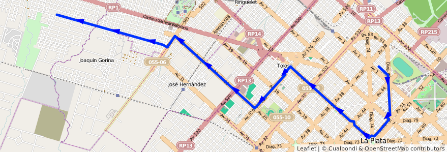 Mapa del recorrido 13 de la línea Norte en Partido de La Plata.