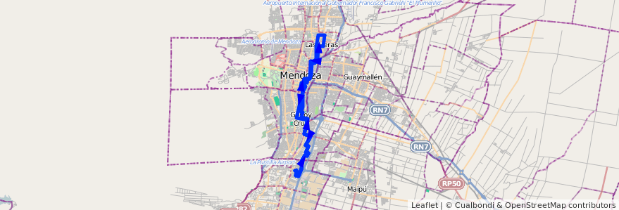 Mapa del recorrido 13 - Roca - Bº Aeronautico - Casa de Gob. de la línea G01 en メンドーサ州.