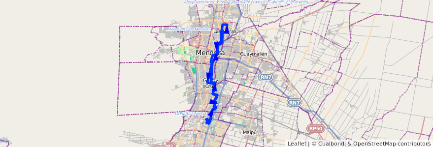 Mapa del recorrido 13 - Roca - Bº Aeronautico de la línea G01 en Mendoza.