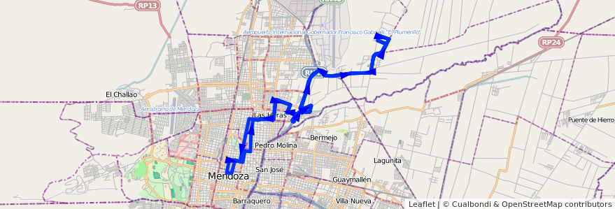 Mapa del recorrido 131 - Bº Victoria por Avda. de Acceso Norte de la línea G06 en Mendoza.