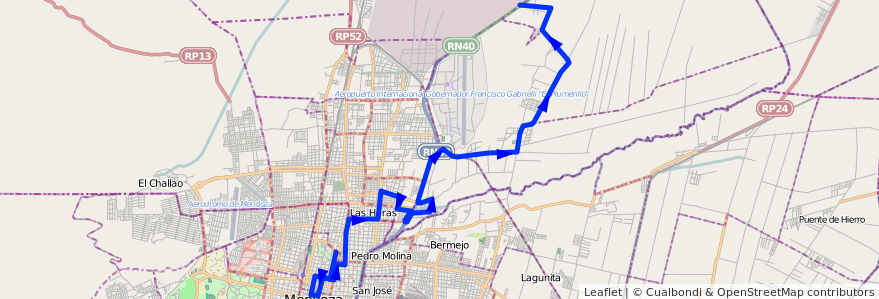 Mapa del recorrido 131 - Borbollon por Av. de Acceso Norte Desde Centro de la línea G06 en Mendoza.