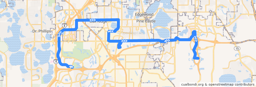 Mapa del recorrido 42 International Drive/Orlando International Airport (eastbound) de la línea  en 橙县/橙縣/橘郡.