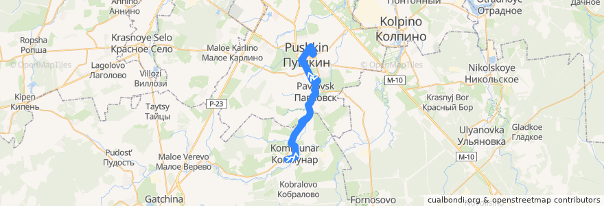 Mapa del recorrido Автобус № 545: Коммунар => Пушкин, Железнодорожная улица de la línea  en Oblast de Léningrad.