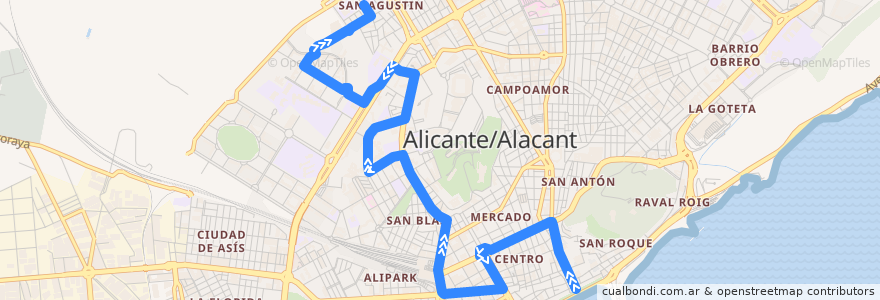 Mapa del recorrido 05: Explanada ⇒ San Agustín de la línea  en Alacant / Alicante.