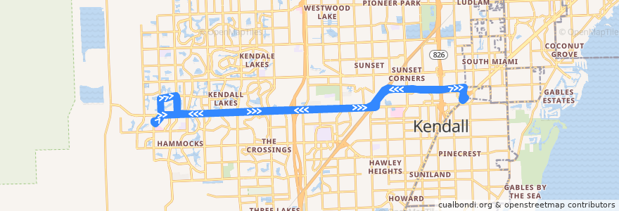 Mapa del recorrido MDT route 288 Kendall Cruiser de la línea  en Miami-Dade County.