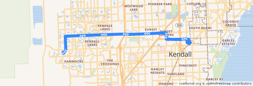 Mapa del recorrido MDT route 272 Sunset KAT de la línea  en Miami-Dade County.