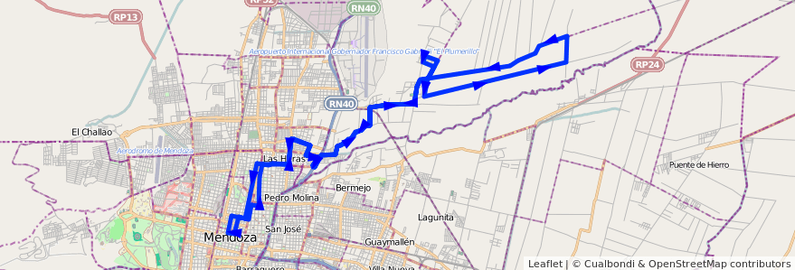 Mapa del recorrido 133 - Bº Victoria - Centro por Calle Maipú - Algarrobal por Abajo de la línea G06 en Mendoza.