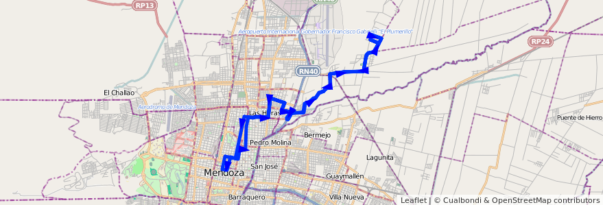 Mapa del recorrido 133 - Bº Victoria por Calle Maipú de la línea G06 en 门多萨省.