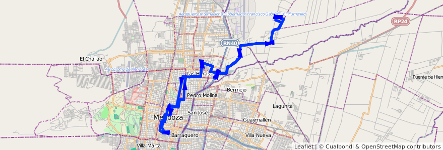 Mapa del recorrido 133 - Bº Victoria por Calle Zapata - Casa de Gob.  de la línea G06 en Mendoza.