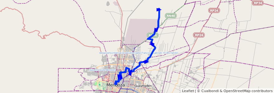 Mapa del recorrido 133 - Borbollon por Calle Maipu - Ap. Cuyanita de la línea G06 en Departamento Las Heras.