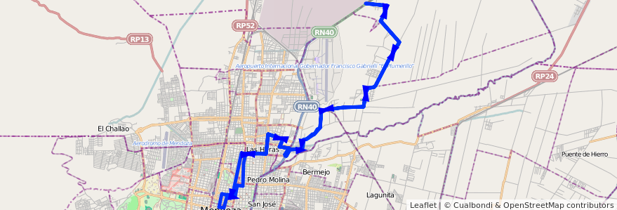 Mapa del recorrido 133 - Borbollon por Calle Zapata de la línea G06 en 门多萨省.