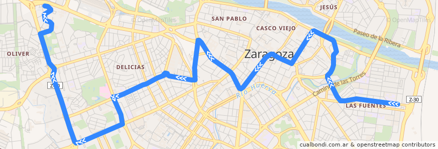 Mapa del recorrido Bus 22: Las Fuentes => Bombarda de la línea  en Zaragoza.