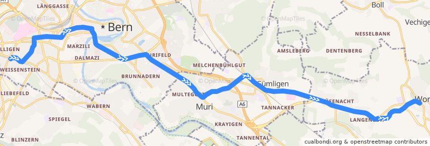 Mapa del recorrido Tram 6: Fischermätteli => Worb Dorf de la línea  en Verwaltungskreis Bern-Mittelland.