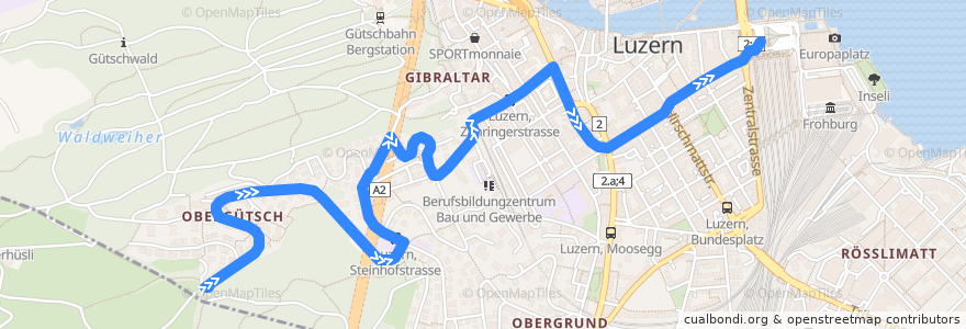 Mapa del recorrido Bus 10: Luzern, Obergütsch => Luzern, Bahnhof de la línea  en 卢塞恩 / 琉森.