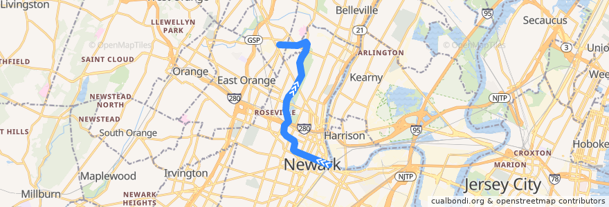 Mapa del recorrido Newark Light Rail: Newark Penn Station → Grove Street de la línea  en Newark.