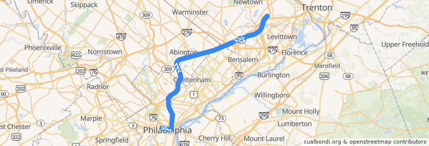 Mapa del recorrido SEPTA West Trenton Line: Center City => West Trenton de la línea  en 펜실베이니아.