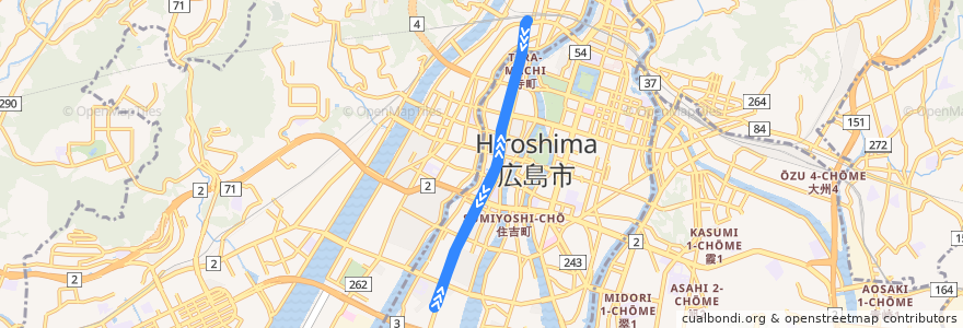 Mapa del recorrido 広島電鉄8号線 de la línea  en Hiroshima.