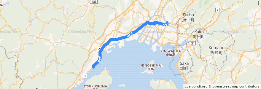 Mapa del recorrido 広島電鉄2号線 de la línea  en 히로시마현.