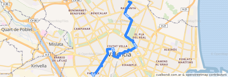 Mapa del recorrido Bus 11: Patraix => Orriols de la línea  en Comarca de València.