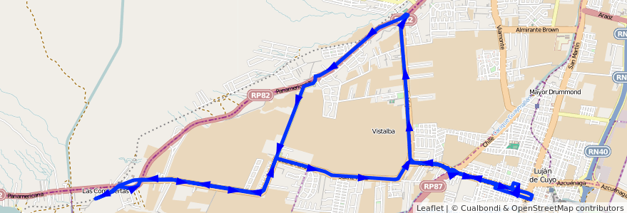 Mapa del recorrido 14 - BLANCO ENCALADA POR GUARDIA VIEJA - SAENZ PEÑA de la línea G01 en Departamento Luján de Cuyo.