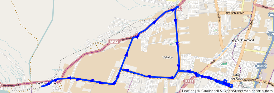 Mapa del recorrido 14 - BLANCO ENCALADA POR SAENZ PEÑA - GUARDIA VIEJA de la línea G01 en Departamento Luján de Cuyo.