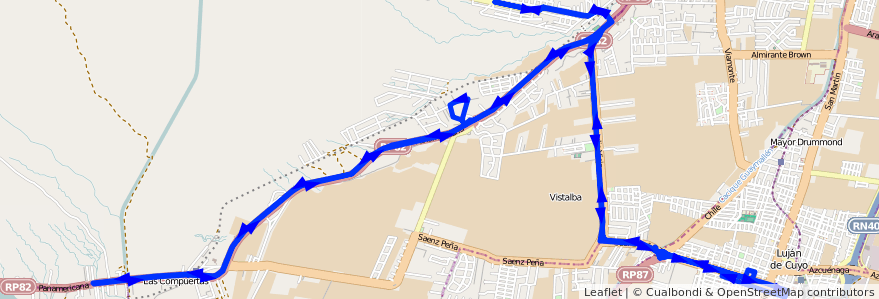 Mapa del recorrido 14 - BLANCO ENCALADA x PANAMERICANA de la línea G01 en Mendoza.