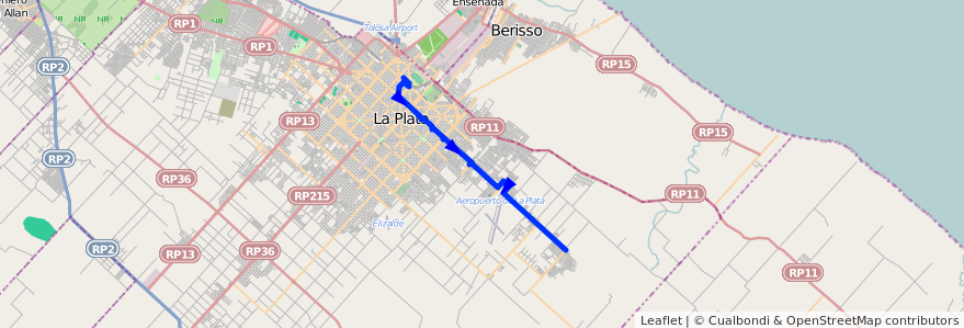 Mapa del recorrido 14 de la línea Este en Partido de La Plata.